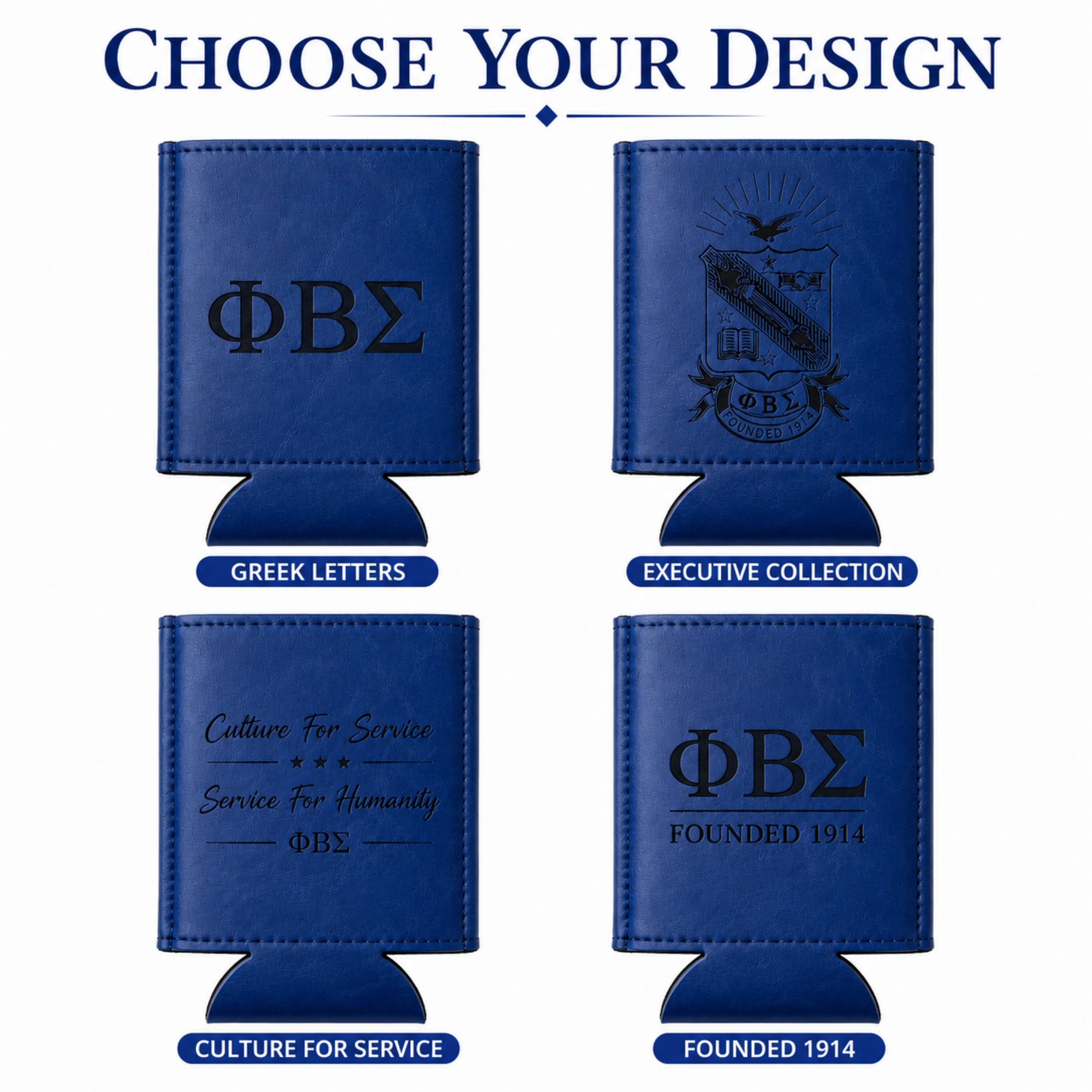 Four blue can coolers with different designs on a white background