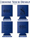 Four blue can coolers with different designs on a white background