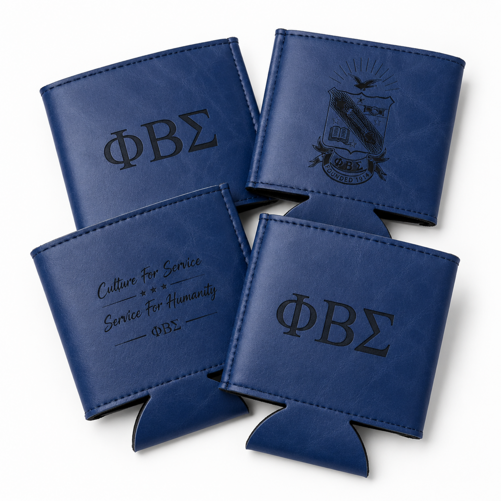 Four blue can coolers with engraved text and symbols on a white background