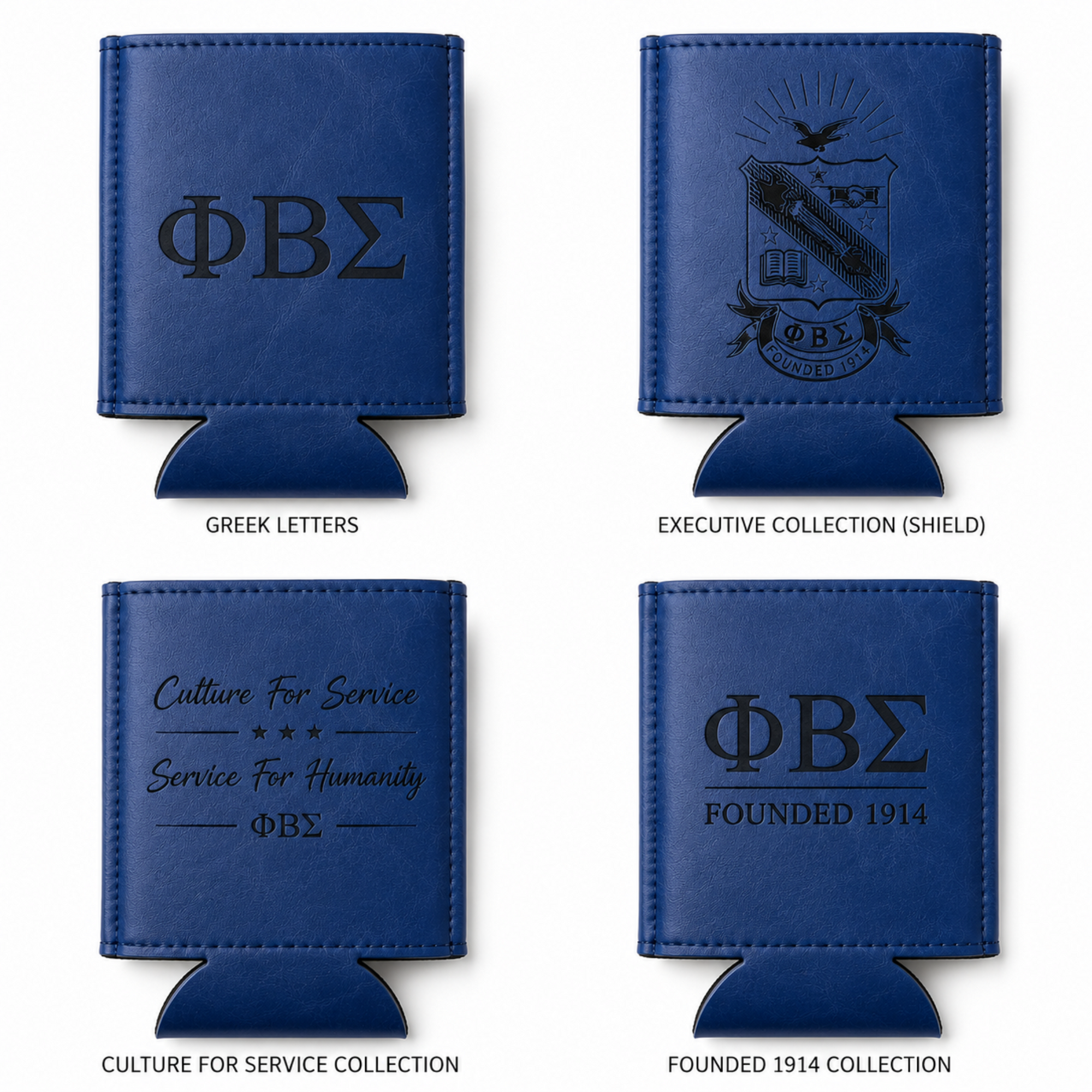 Phi Beta Sigma leatherette can holder design options including shield Greek letters Culture For Service and Founded 1914