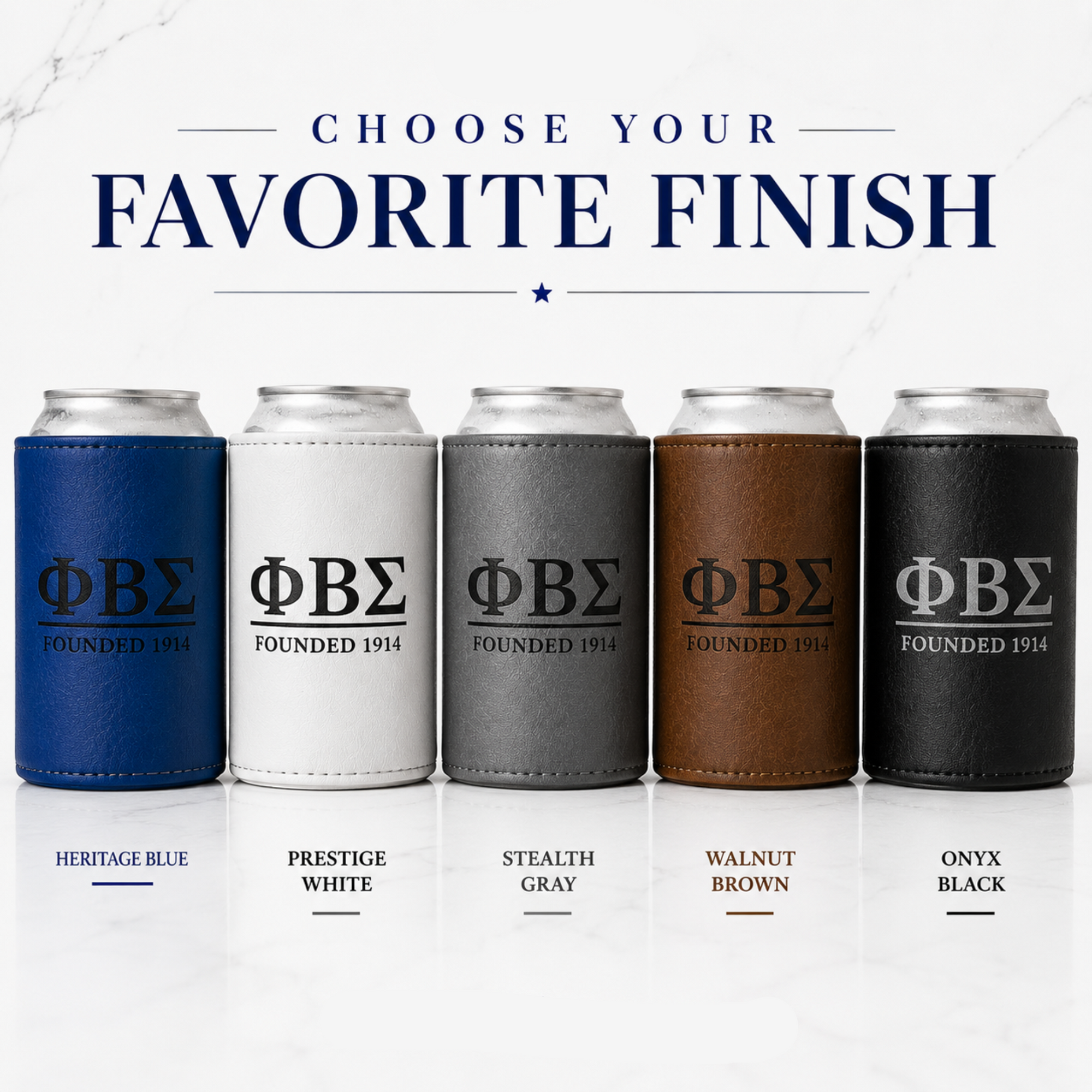 Five can coolers in different colors with 'ΦΒΣ' branding on a white background.