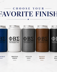 Five can coolers in different colors with 'ΦΒΣ' branding on a white background.