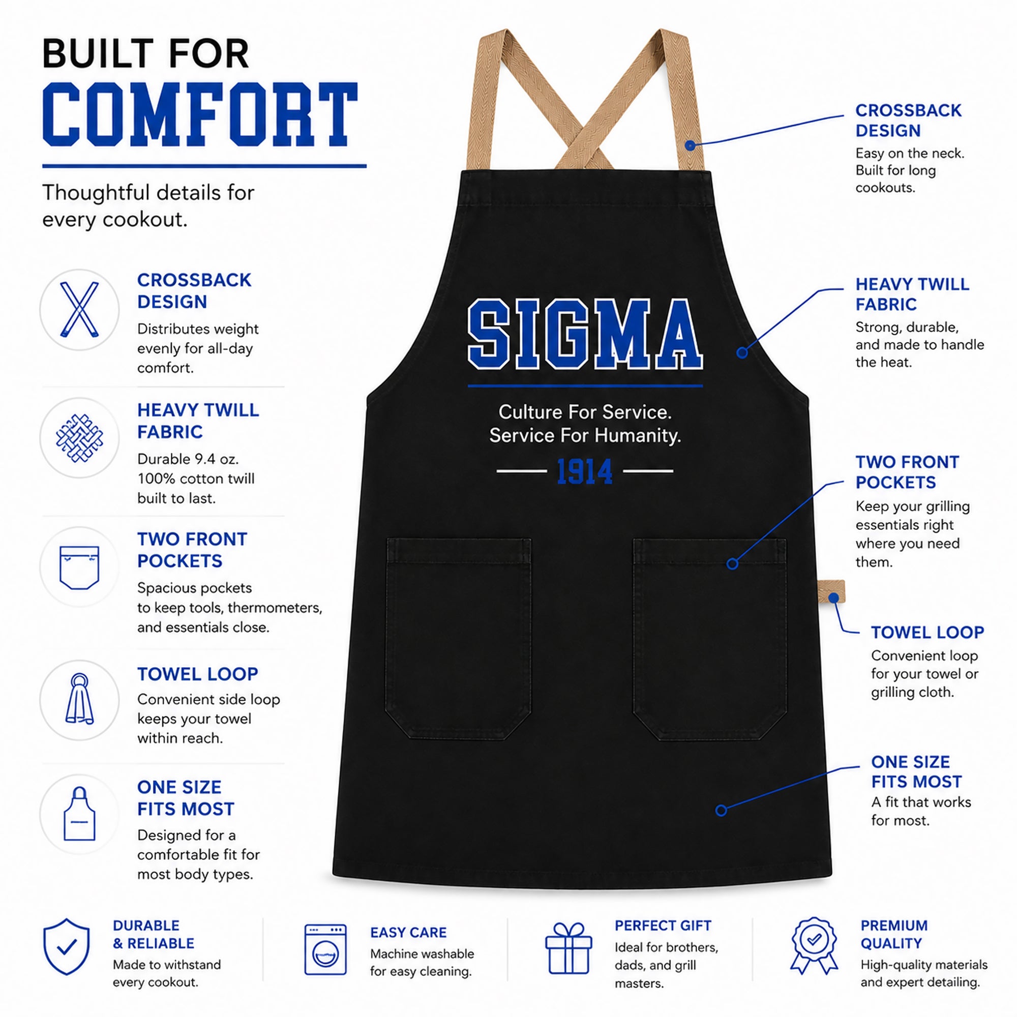 Crossback grilling apron with durable twill fabric, shoulder straps, front pockets, towel loop, and easy-care design