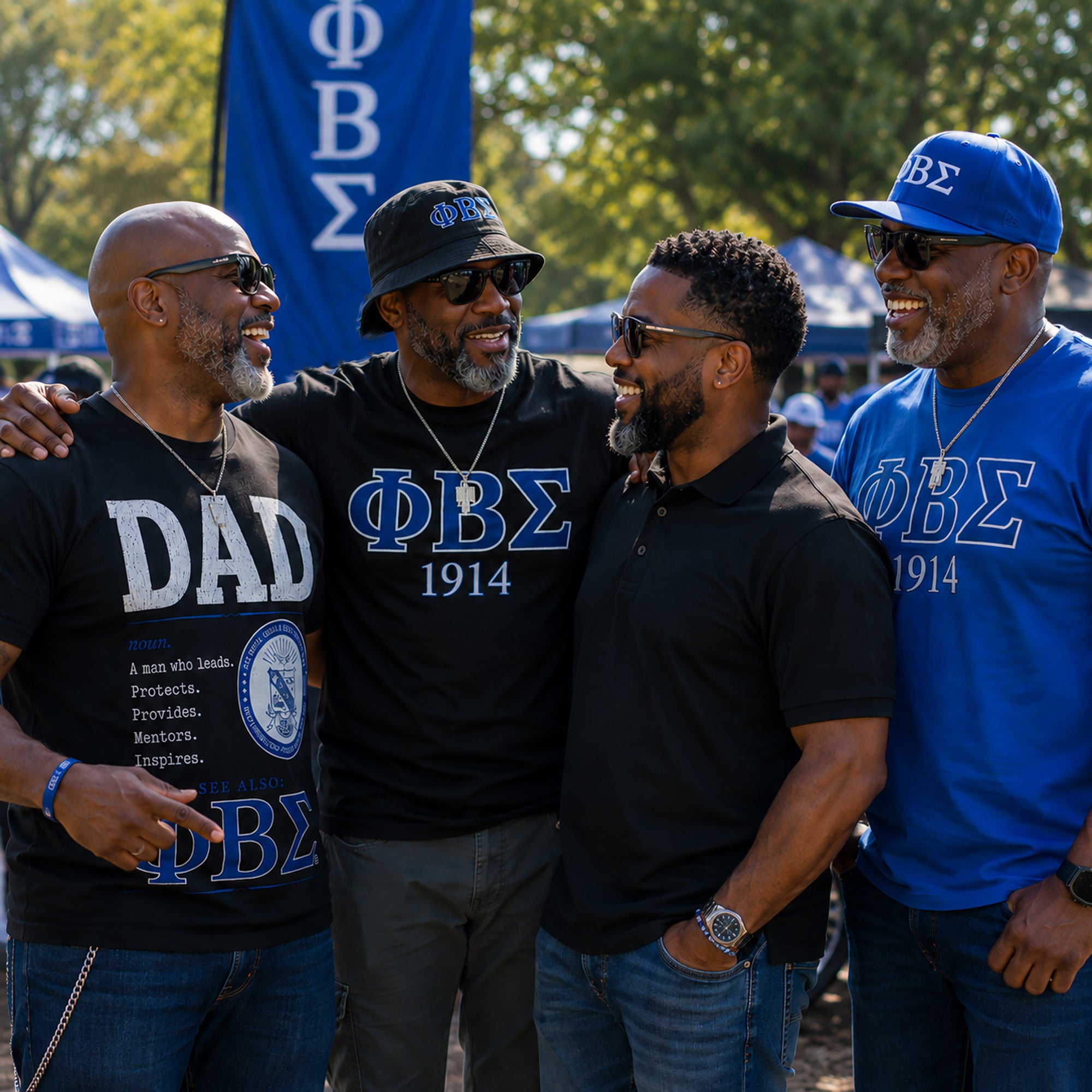 Phi Beta Sigma brothers gathered together wearing fraternity apparel at an outdoor event