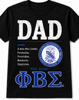 Phi Beta Sigma Dad definition graphic t-shirt shown on black shirt color option