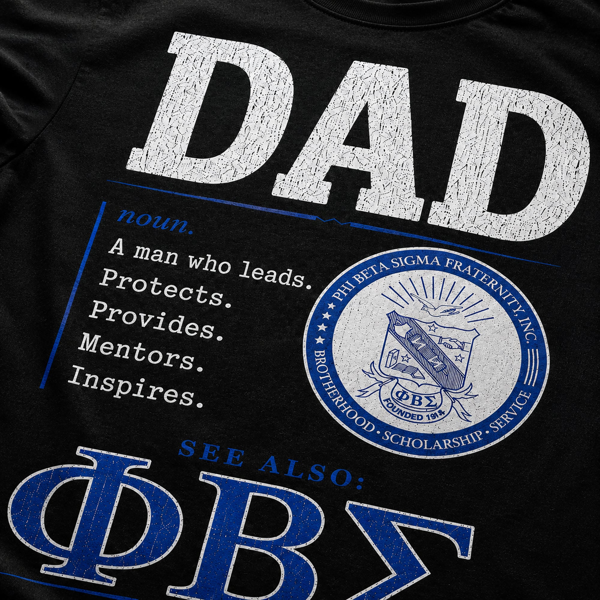 Close-up view of Phi Beta Sigma Dad shirt graphic showing print detail and texture