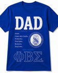 Phi Beta Sigma Dad definition graphic t-shirt shown on royal blue shirt color option