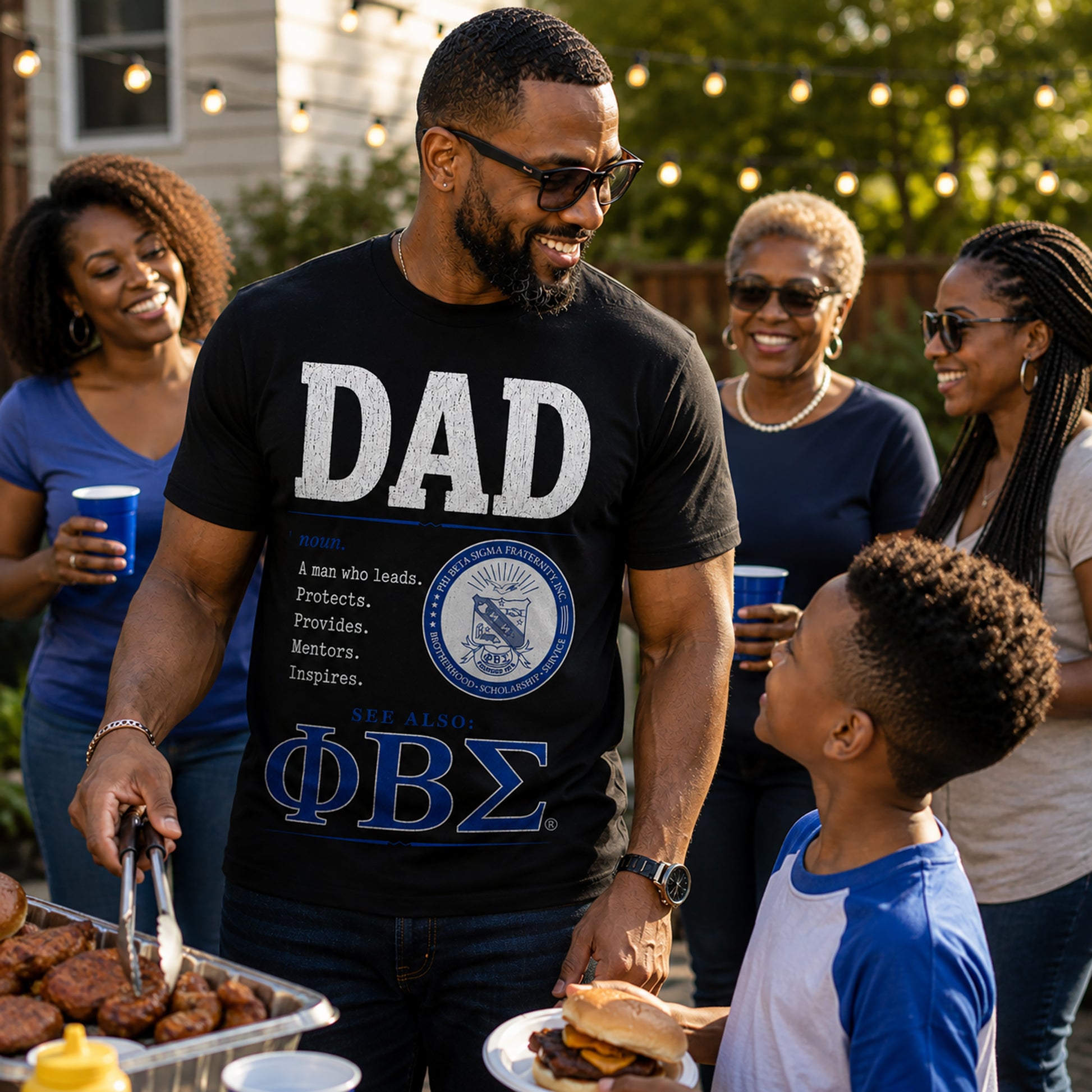 African American father wearing Phi Beta Sigma Dad shirt at a family cookout gathering