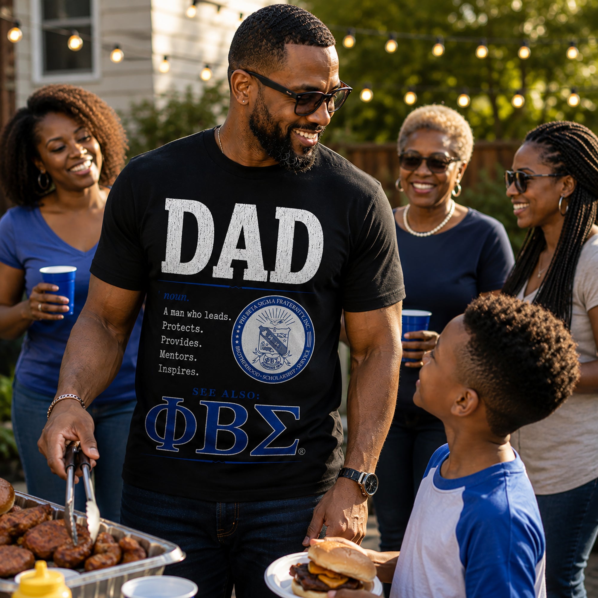 African American father wearing Phi Beta Sigma Dad shirt at a family cookout gathering