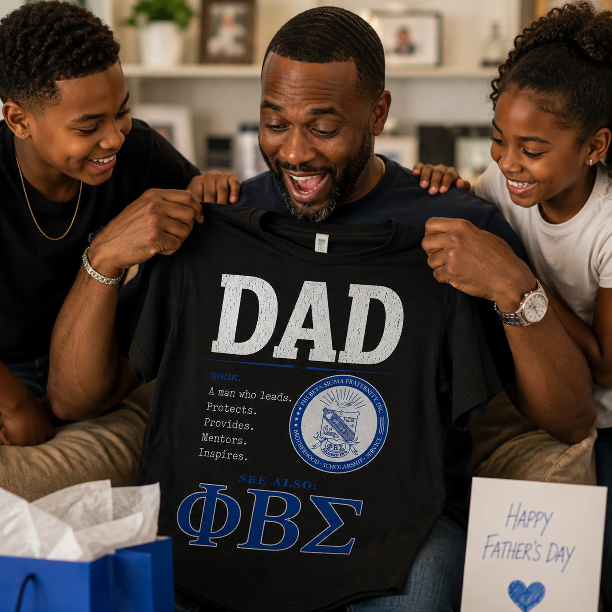 Father receiving Phi Beta Sigma Dad shirt as a Father's Day gift from his children