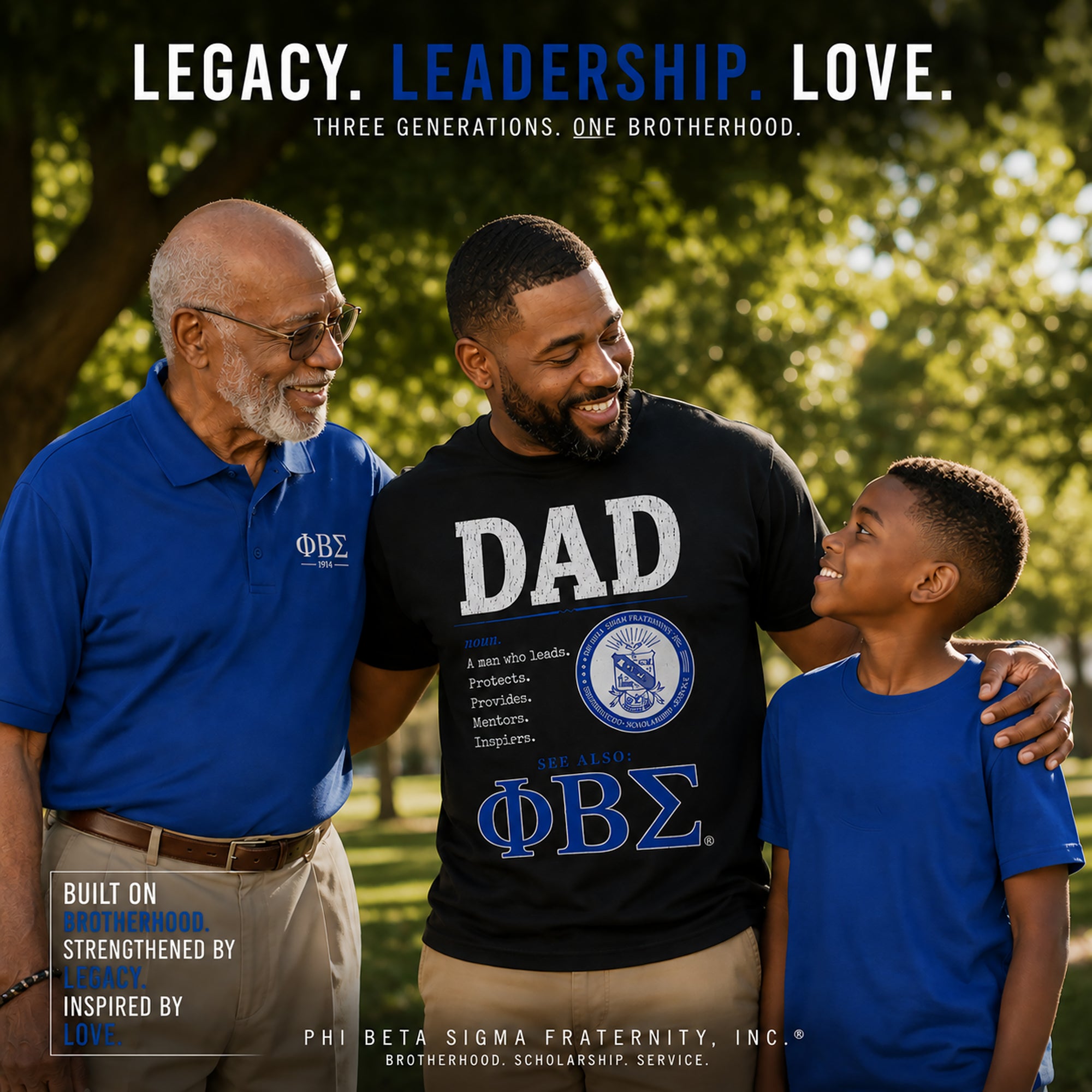 Three generations of African American men representing legacy and fatherhood with Phi Beta Sigma Dad shirt