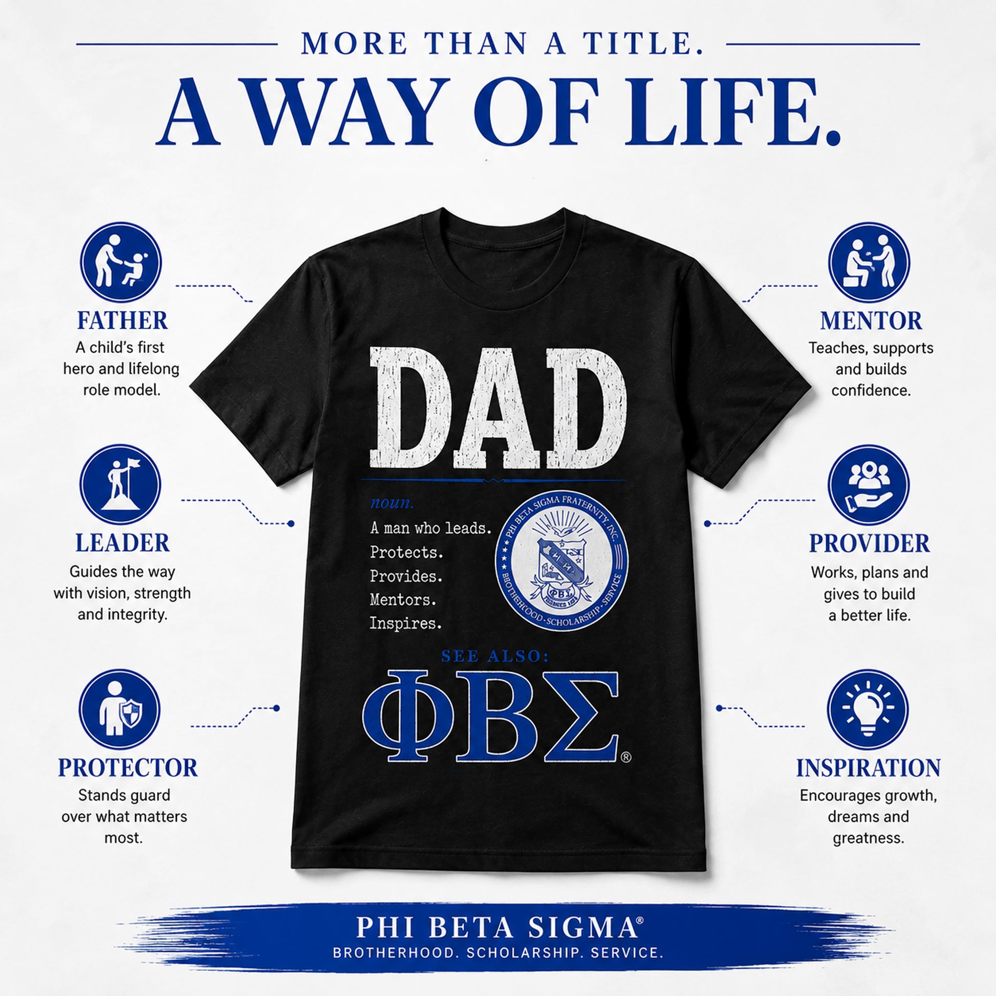 Phi Beta Sigma Dad shirt marketing graphic highlighting fatherhood leadership mentorship and inspiration