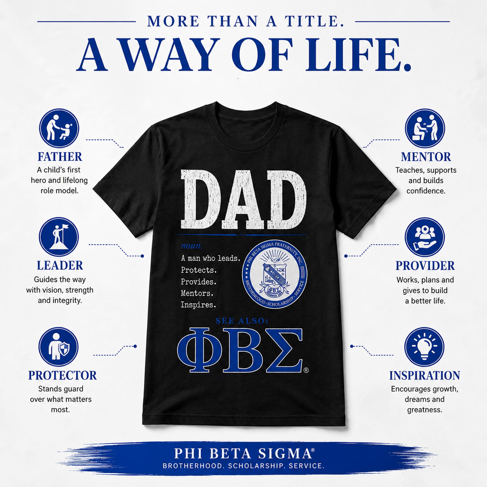 Phi Beta Sigma Dad shirt marketing graphic highlighting fatherhood leadership mentorship and inspiration