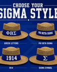 A promotional graphic showing four straw-style wide-brim hats on a blue background, each with a navy band and different Sigma-style lettering or year/symbol options. Large text at the top reads 'CHOOSE YOUR SIGMA STYLE.
