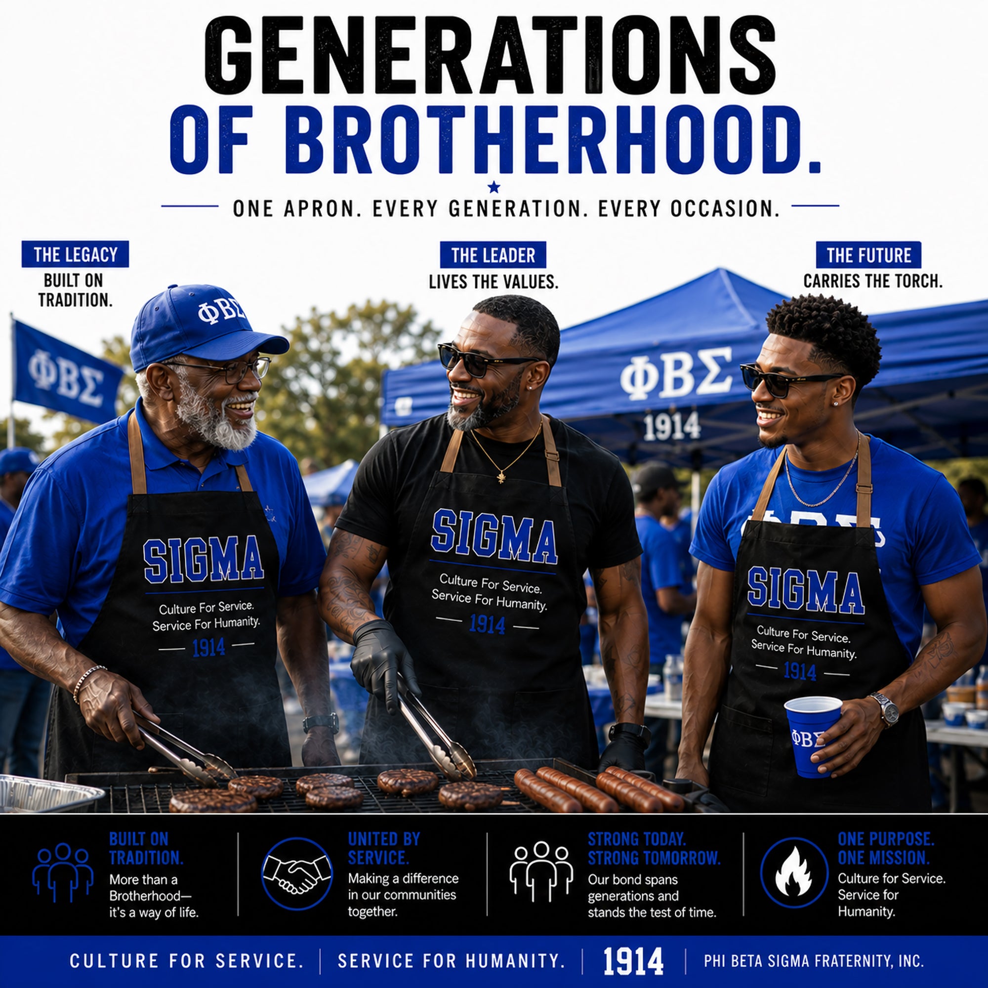 Phi Beta Sigma brothers wearing Sigma aprons at a fraternity cookout celebrating brotherhood, service, and tradition