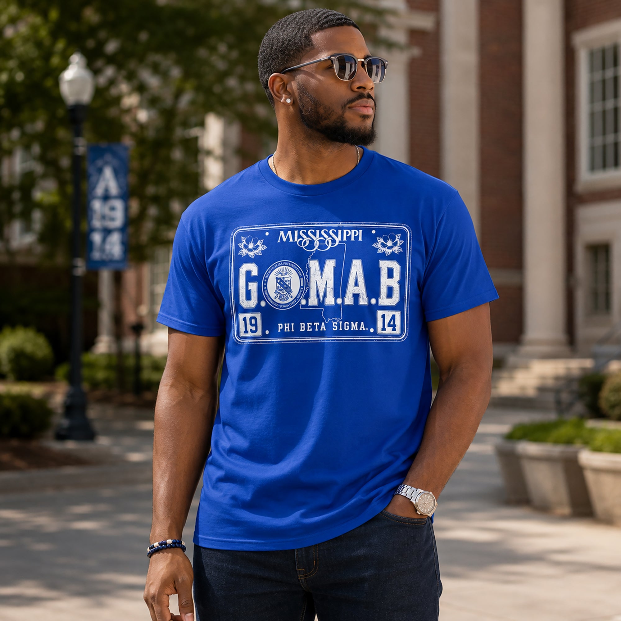 Royal blue T-shirt with white and blue G.O.M.A.B. Phi Beta Sigma Mississippi logo