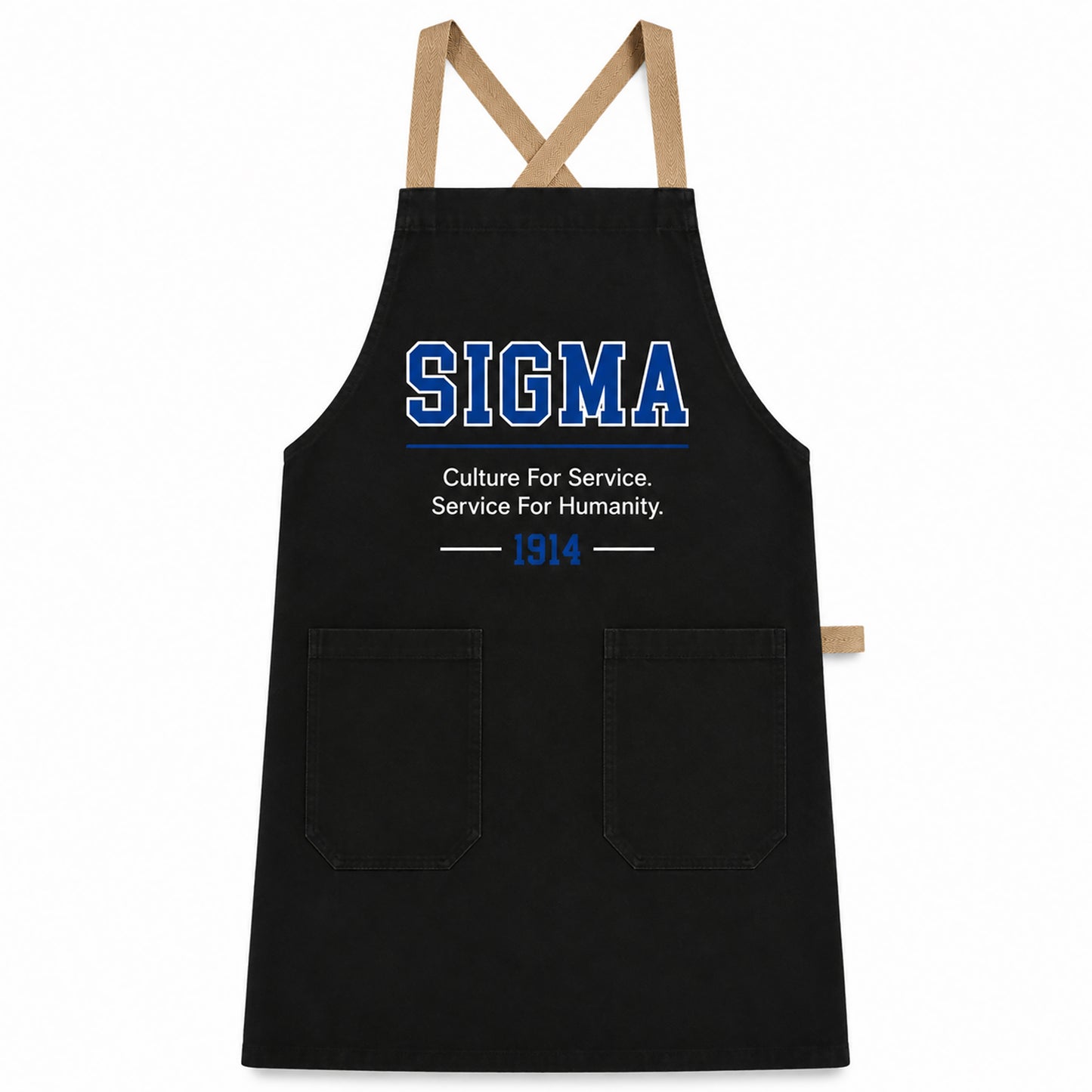 Official Phi Beta Sigma black crossback apron with Sigma lettering, 1914 design, front pockets, and cotton twill fabric