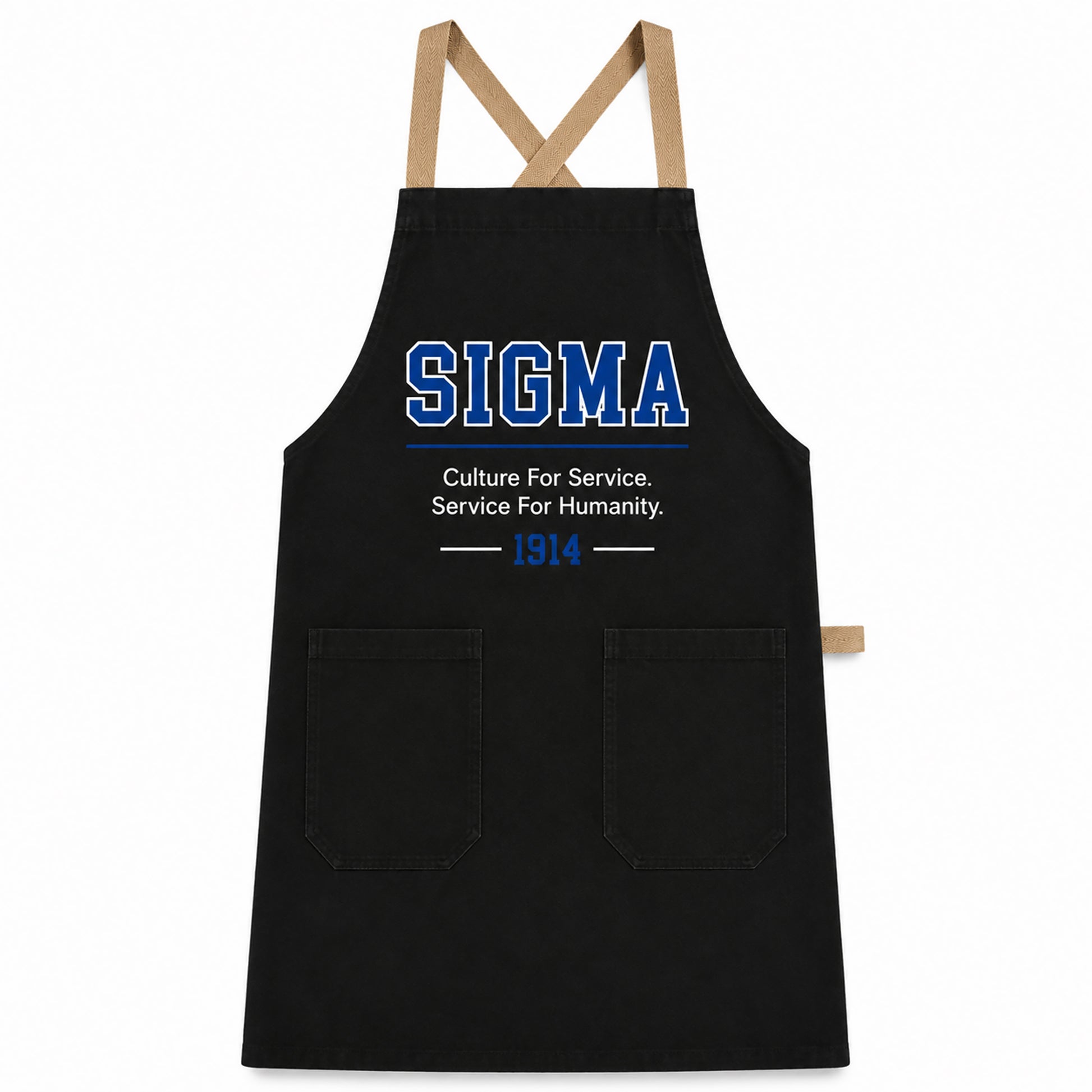 Official Phi Beta Sigma black crossback apron with Sigma lettering, 1914 design, front pockets, and cotton twill fabric