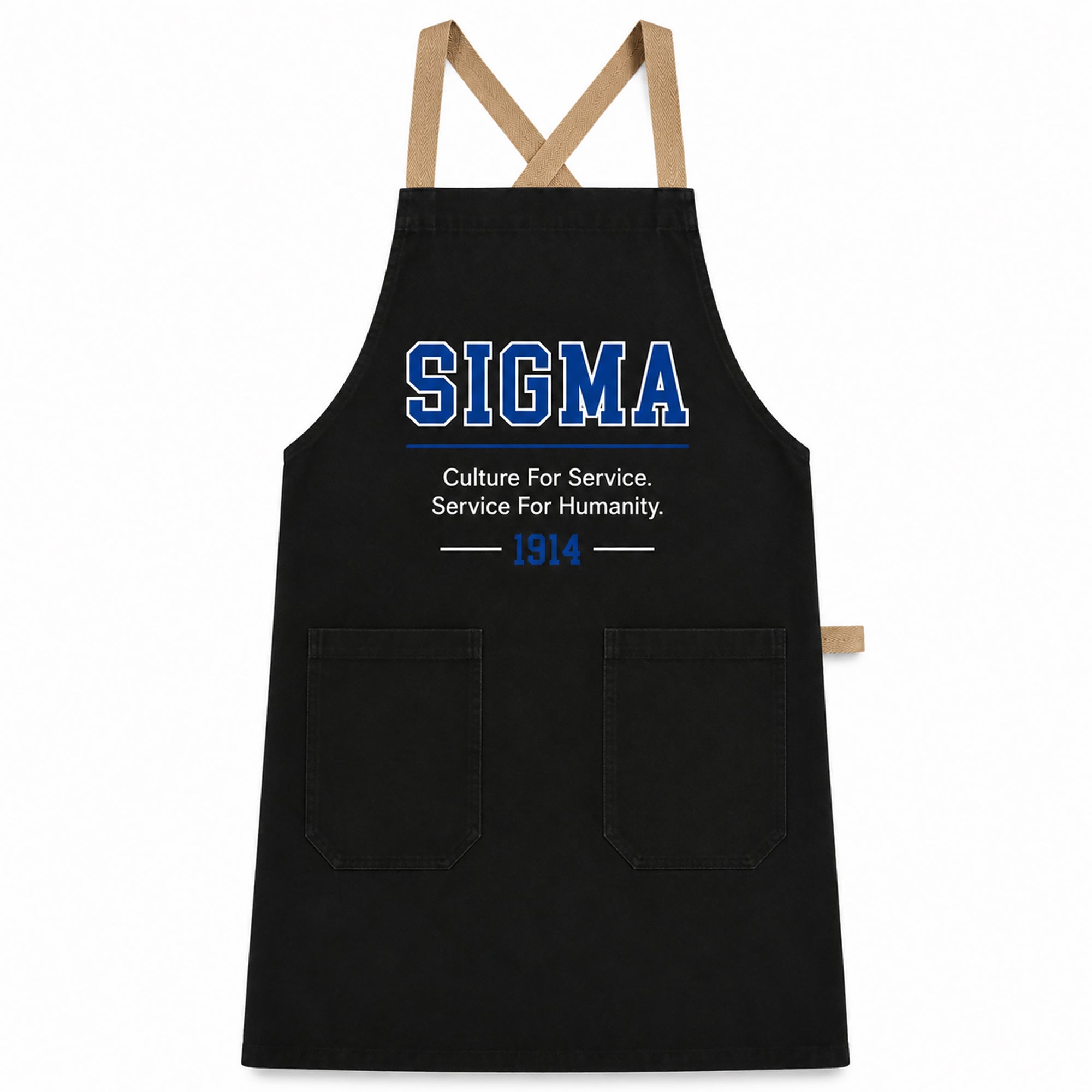 Official Phi Beta Sigma black crossback apron with Sigma lettering, 1914 design, front pockets, and cotton twill fabric
