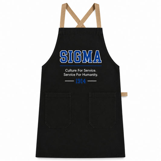 Official Phi Beta Sigma black crossback apron with Sigma lettering, 1914 design, front pockets, and cotton twill fabric