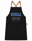 Official Phi Beta Sigma black crossback apron with Sigma lettering, 1914 design, front pockets, and cotton twill fabric