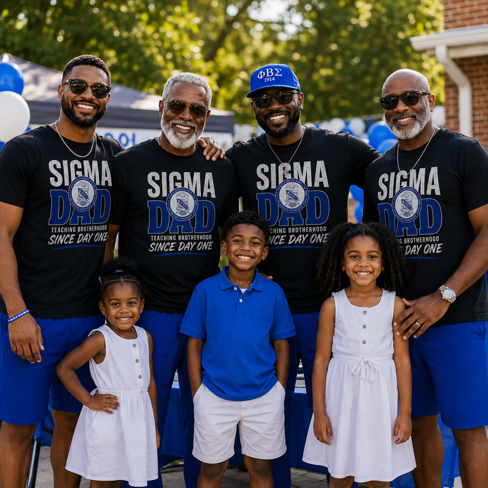 Phi Beta Sigma fathers wearing Sigma Dad shirts at a family cookout