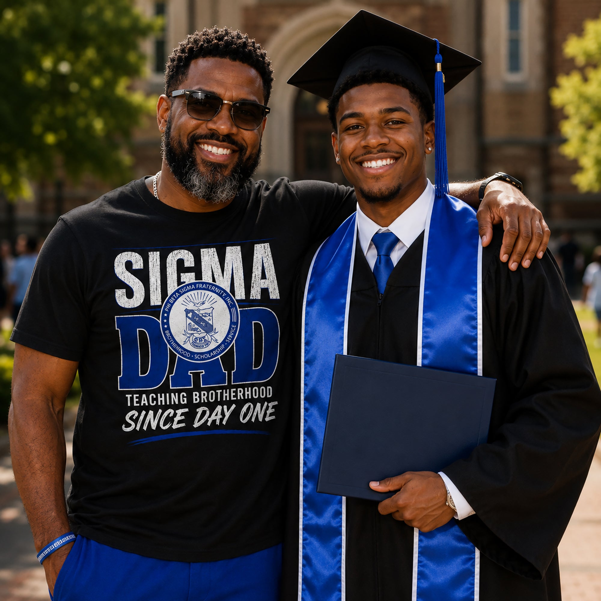 Phi Beta Sigma Sigma Dad shirt worn during graduation celebration