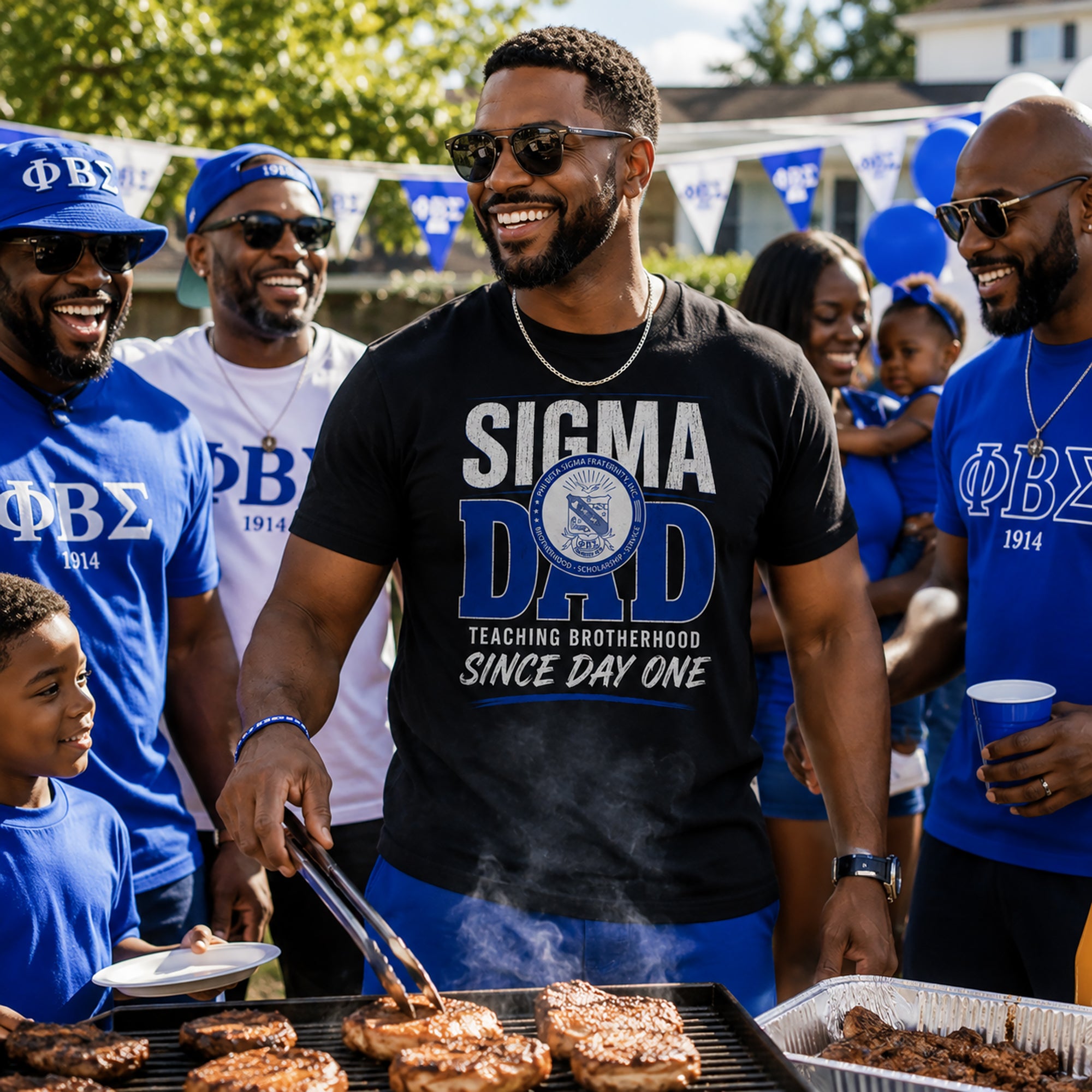 Phi Beta Sigma fathers and children wearing Sigma Dad shirts at a fraternity family event