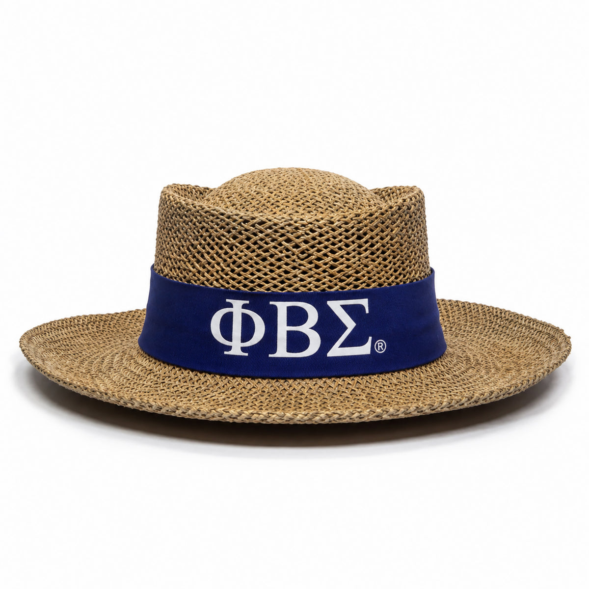 A natural woven straw fedora hat with a wide brim and a dark blue band featuring the Greek letters Phi Beta Sigma in white.