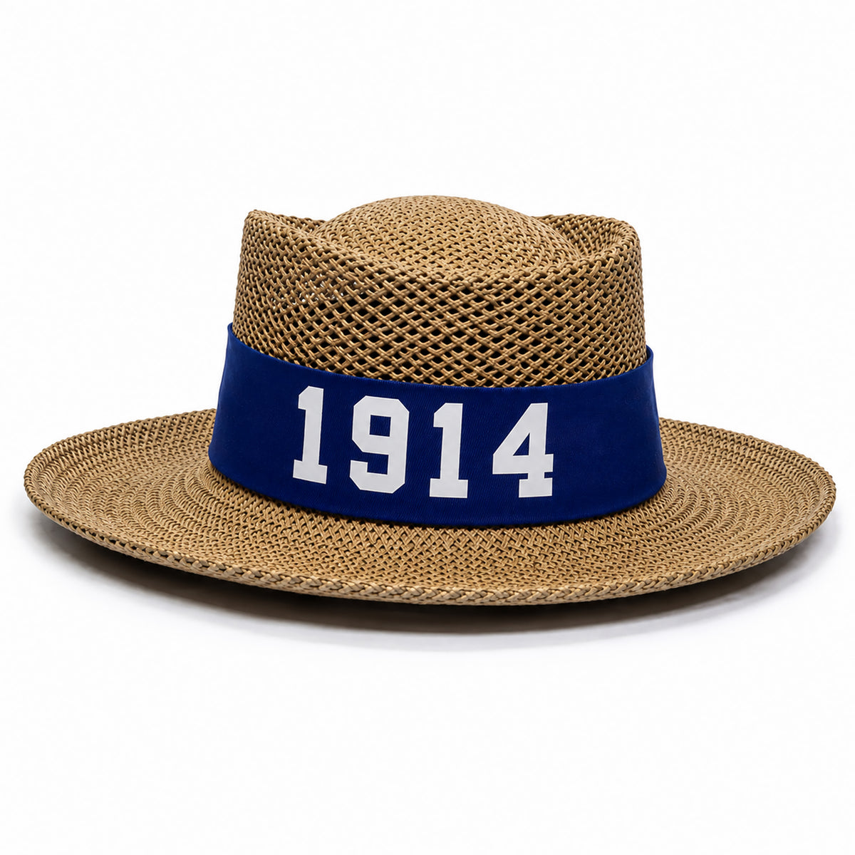 A woven straw fedora-style hat with a wide brim and a dark blue band around the crown, featuring the white number '1914' printed prominently on the band.