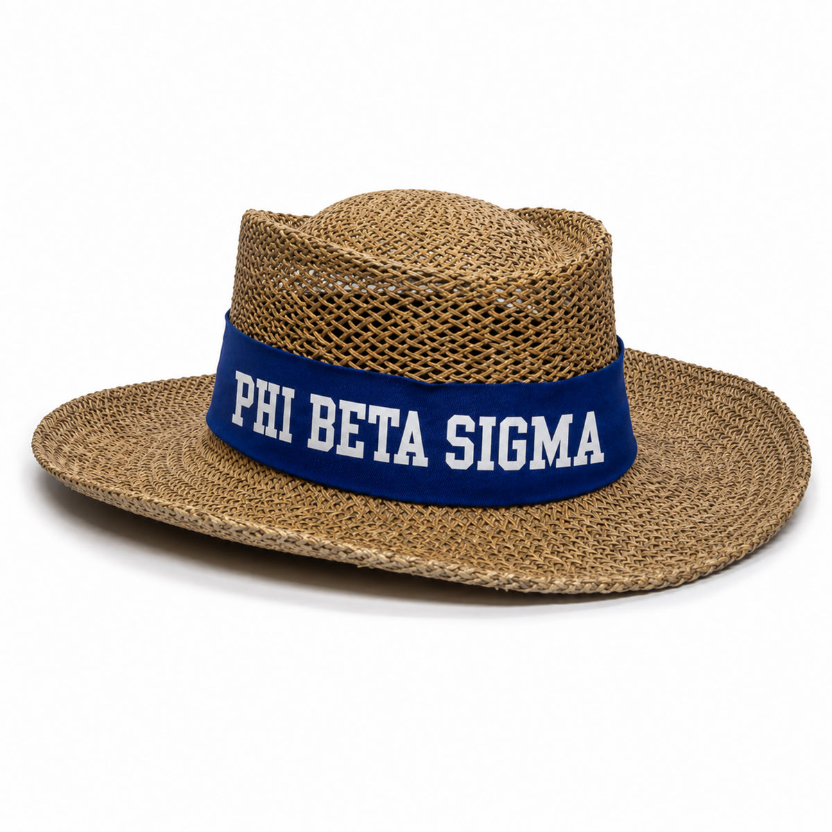 A natural woven straw boater hat with a wide blue band featuring the white text 'PHI BETA SIGMA'.