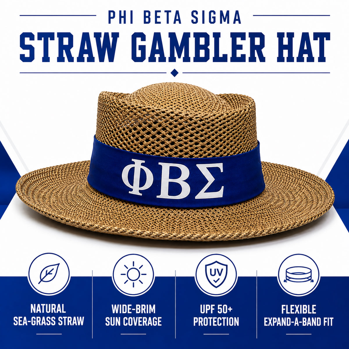 A straw sun hat with a navy blue band featuring the Greek letters Phi Beta Sigma (Φη) in white, shown on a white and navy graphic background with feature icons below.