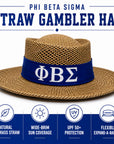 A straw sun hat with a navy blue band featuring the Greek letters Phi Beta Sigma (Φη) in white, shown on a white and navy graphic background with feature icons below.