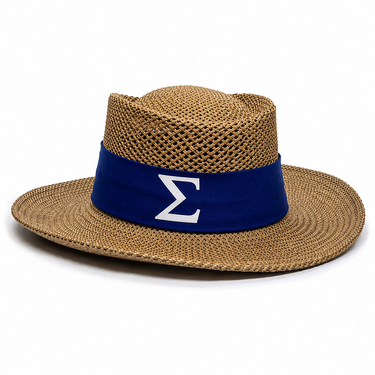 A natural woven straw fedora hat with a wide brim and a royal blue band featuring a white Sigma symbol, photographed on a clean white background.
