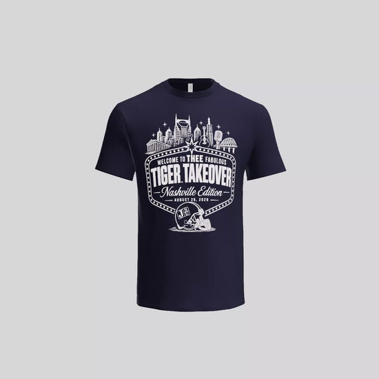 3D view of Navy Blue Jackson State Nashville Tiger Takeover T-shirt with white design