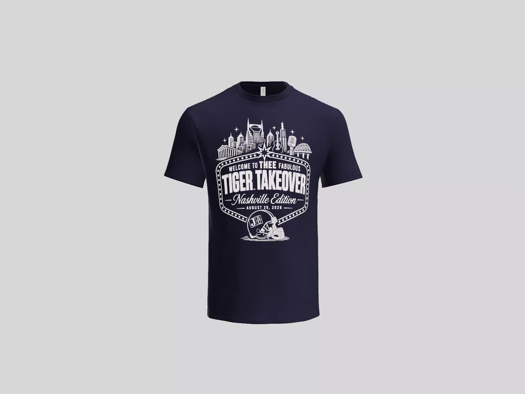 3D view of Navy Blue Jackson State Nashville Tiger Takeover T-shirt with white design