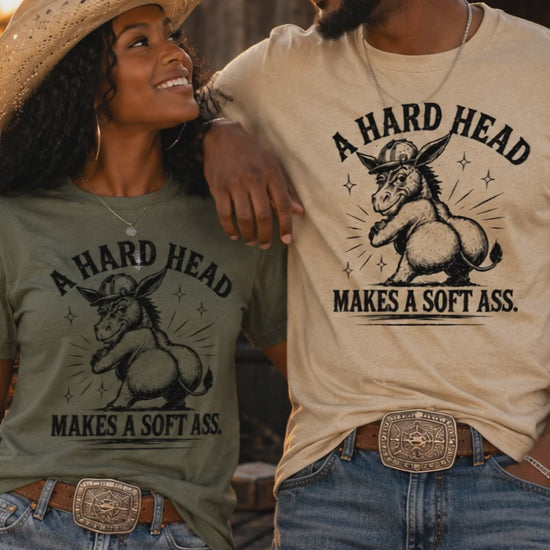 Lifestyle video of A Hard Head Makes a Soft Ass western graphic tee from The Coleman Twinz LLC.
