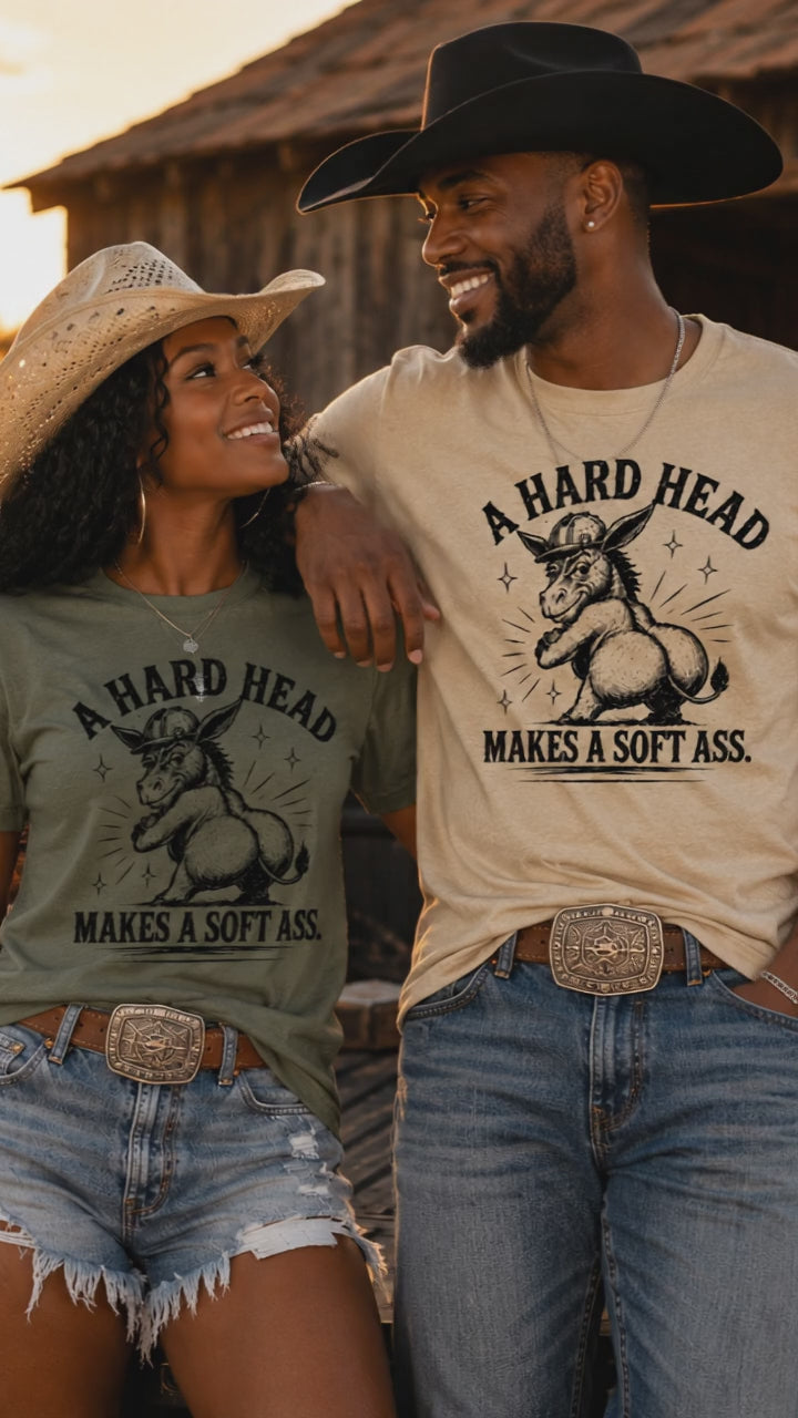 Lifestyle video of A Hard Head Makes a Soft Ass western graphic tee from The Coleman Twinz LLC.