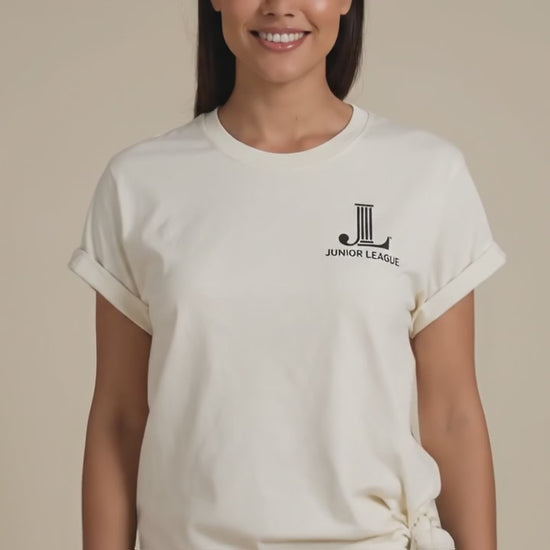 Lifestyle promotional video showcasing the Junior League ‘Women Who Build’ Comfort Colors garment-dyed t-shirt collection in multiple colorways including Berry, Blue Jean, Sage, Blossom, Graphite, Ivory, Terracotta, and Espresso. Video features elevated boutique styling, leadership-inspired messaging, and lifestyle scenes centered around community, empowerment, and service.