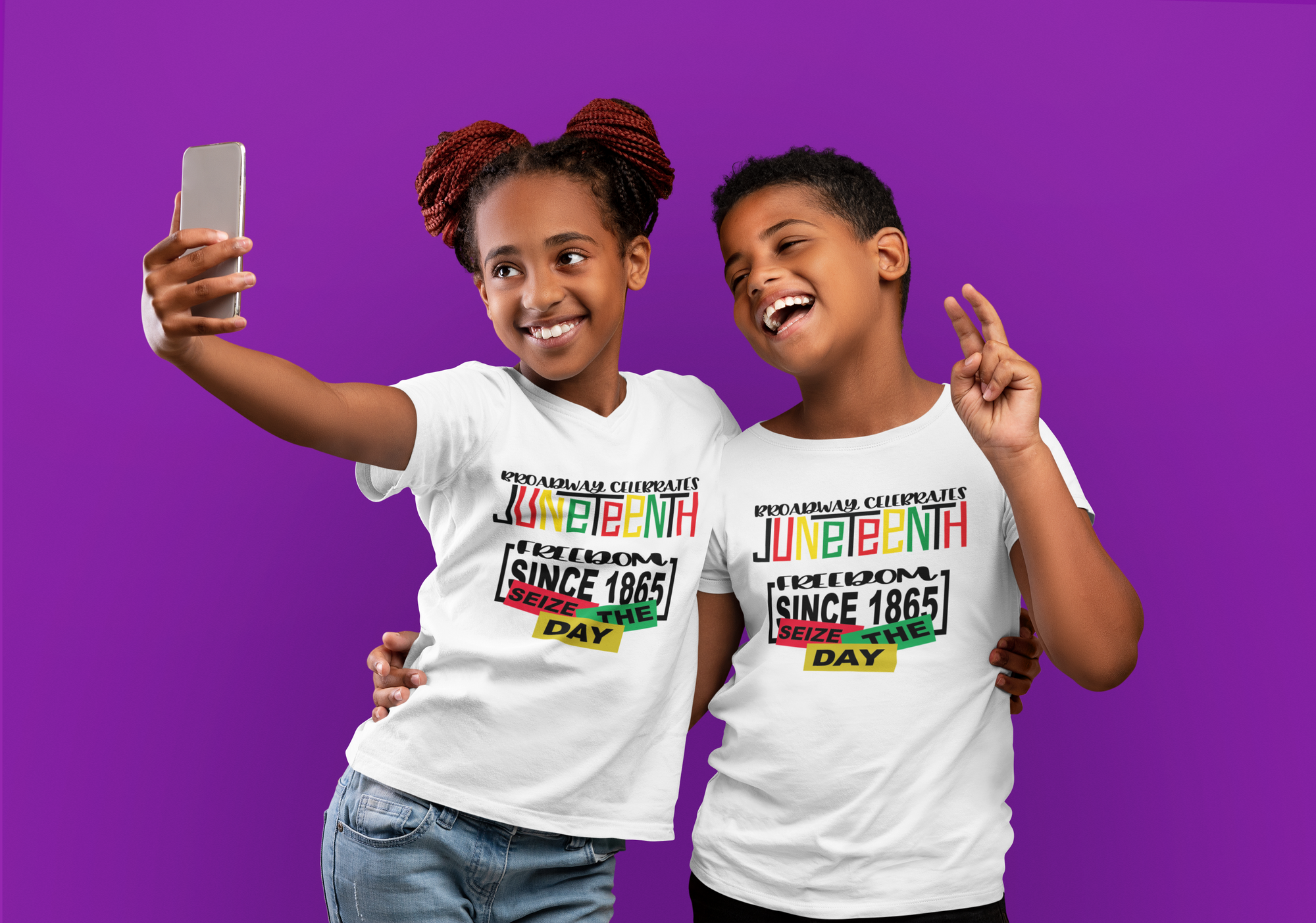 White short-sleeve crewneck T-shirt with colorful 'Juneteenth' graphic, worn