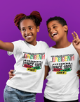White short-sleeve crewneck T-shirt with colorful 'Juneteenth' graphic, worn