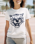 White crewneck T-shirt with blue tiger head logo, worn by a smiling woman