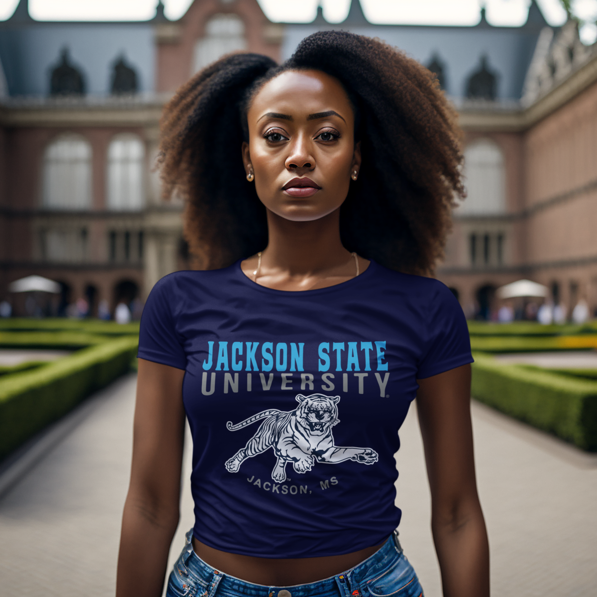 Navy blue crew-neck short-sleeve T-shirt with Jackson State University front graphic