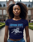 Navy blue crew-neck short-sleeve T-shirt with Jackson State University front graphic