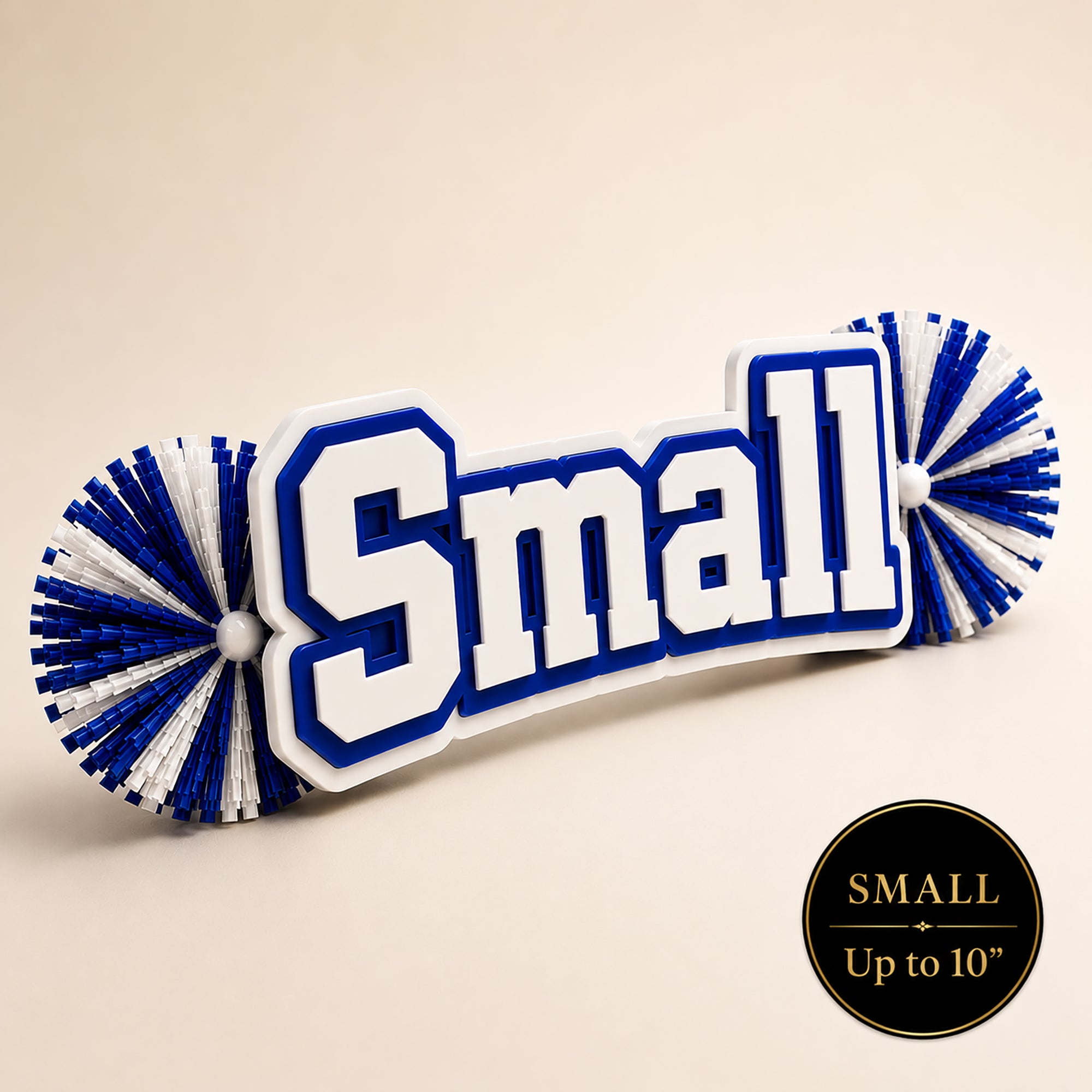 Small personalized acrylic name spirit stick from the Classic Collection featuring white, royal blue, and white three-layer acrylic with coordinating royal blue and white pom-poms, available up to 10 inches.