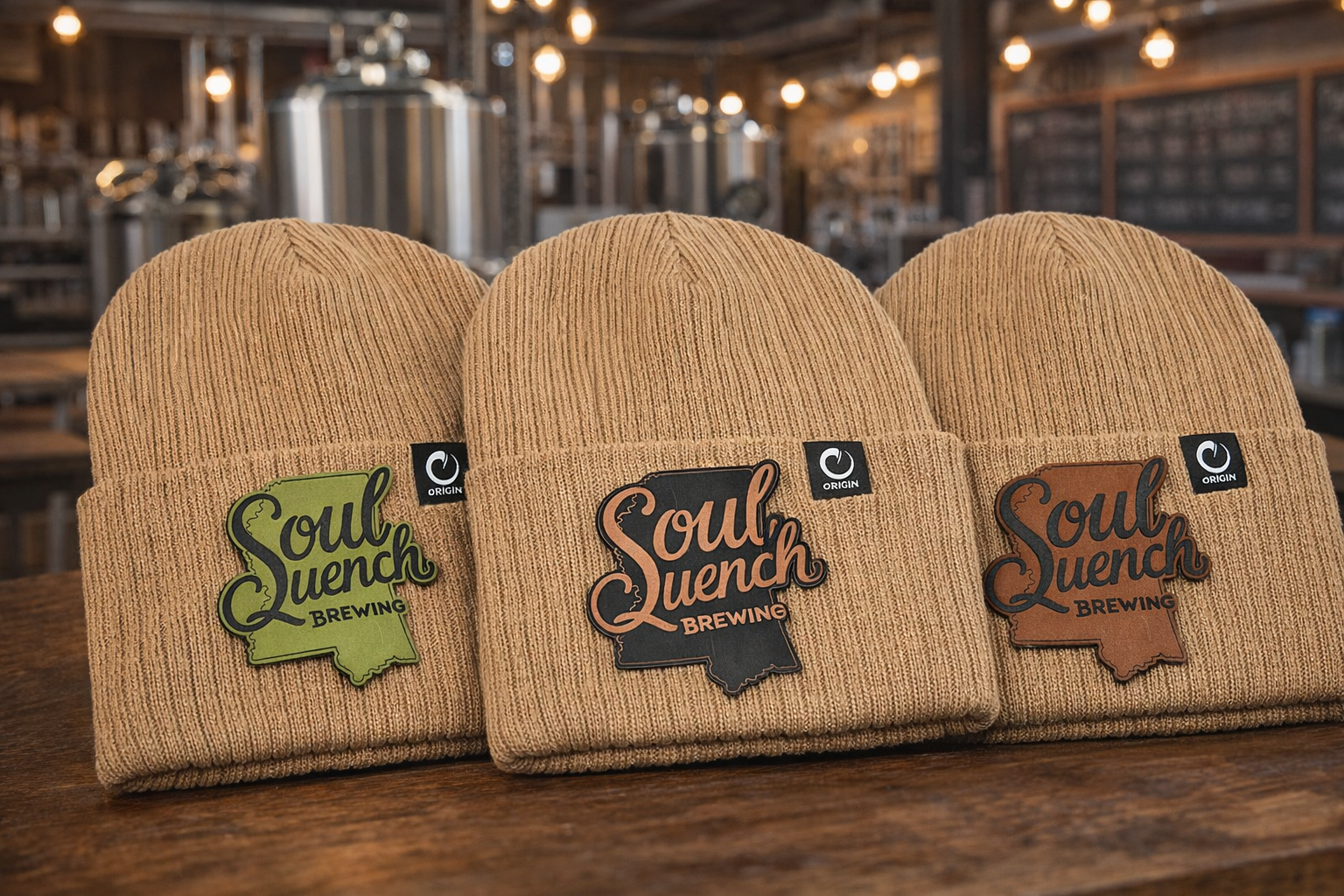Custom Soul Quench Brewing beanies featuring Mississippi state logo patches in multiple colors photographed in a brewery.