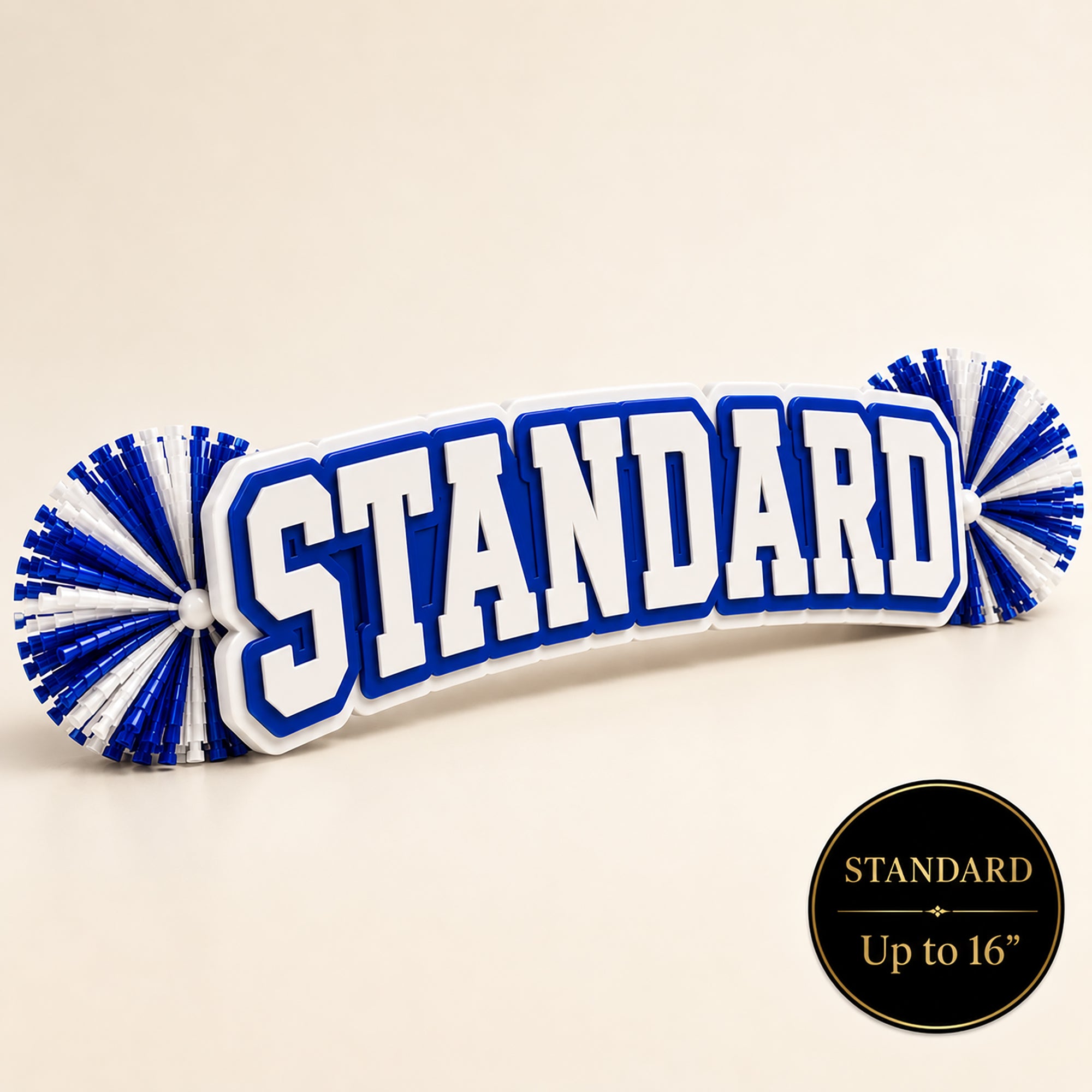 Standard personalized acrylic name spirit stick from the Classic Collection featuring white, royal blue, and white three-layer acrylic with coordinating royal blue and white pom-poms, available up to 16 inches.