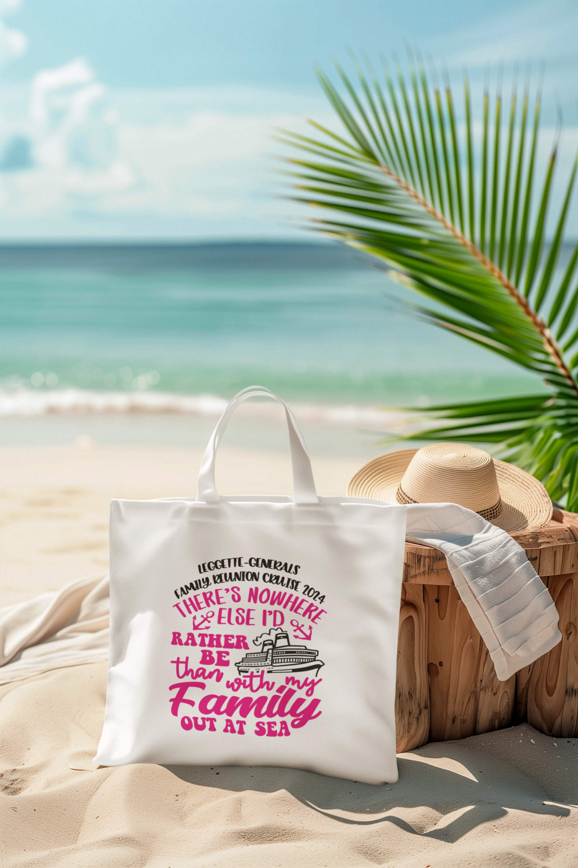 White tote bag with colorful family reunion graphic and "nowhere else" text