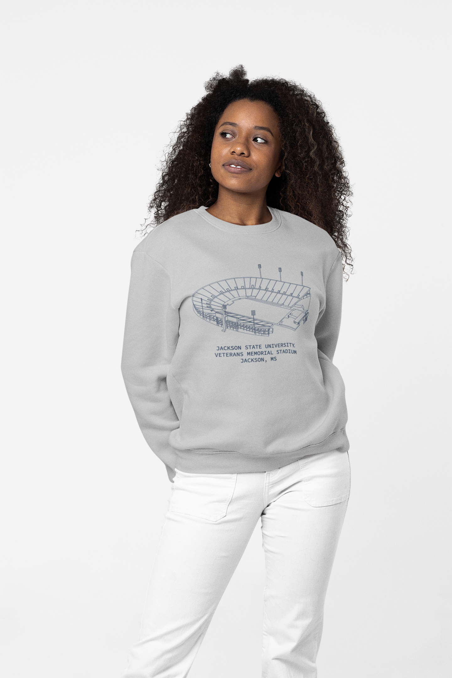 Heather grey unisex crewneck sweatshirt with stadium graphic and text on chest
