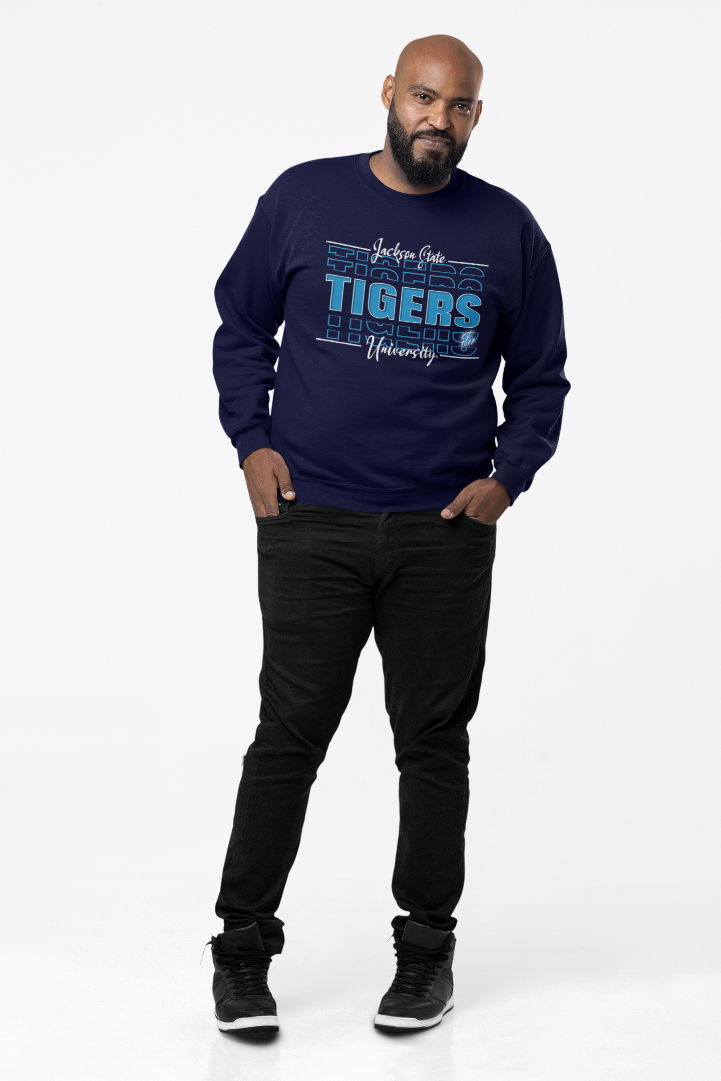 Navy crewneck sweatshirt with long sleeves and “Tigers” graphic on the front